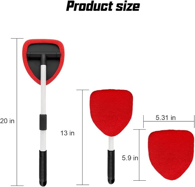 Car Windshield Cleaner Tool, Vehicle Window Detailing Cleaning Kit with Extendable Handle & 4 Washable Microfiber Pad, Auto Glass Wiper Cleaner for Exterior & Interior, Universal Fit (Red)