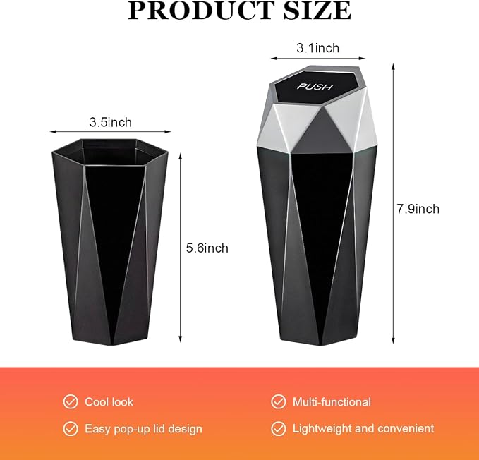 Car Trash Can with Lid, Diamond Design Leakproof Vehicle Cup Holder Garbage Can, Waterproof Trash Bin Mini Portable Garbage Organizer for Cars Homes Offices Bedrooms (Silver)