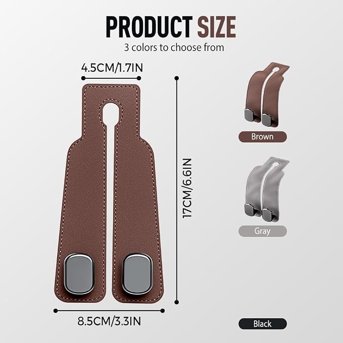 2026 New Car Seat Headrest Hooks for Purses and Bags - Support Car Headrest Hooks for Purses and Bags Coat, Leather Car Bag Purse Holder with Double Hooks (Gray-2PC)