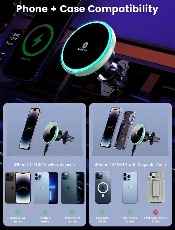 for Magsafe Car Mount Charger-15W Wireless Car Charger-Magnetic Car Phone Holder for Dash Air Vent-LED RGB HandsFree Car Mount Fast Car Charger for iPhone 16 15/14/13/12 Series Green