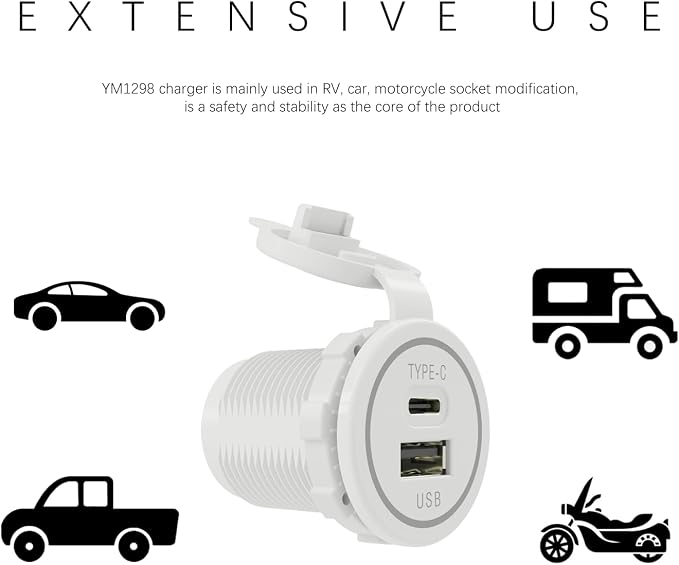 RV USB C Socket Input 12V/24V Fast CHERGER Waterproof with Cap Type C USB Car Charger Socket for Car, Boat, Golf Cart, Bus, RV, Golf, Automotive Marine ATV Truck