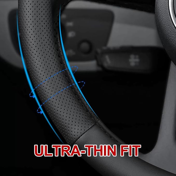 New Nappa Leather car Steering Wheel Cover, Anti-Slip, Safety, Soft, Breathable Full Surround Universal 15 inch Black