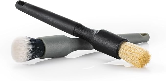 Crevice Cleaning Detailing Brush Kit for Small Spaces - Mini Set Boar's Hair Brush + Ultra-Soft Synthetic Brush - Black & Gray - 2 Pack