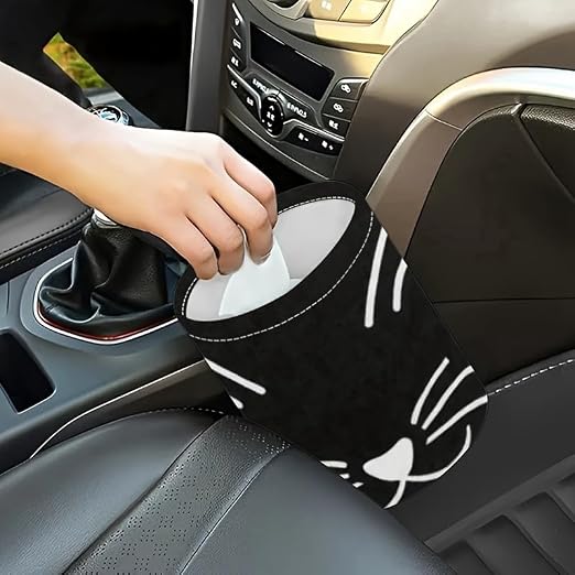 Portable Reusable Waterproof Car Trash Bin, Multipurpose Vehicle Organizer, Road Trip Essentials, Polyester Canvas Material (Black Cat)