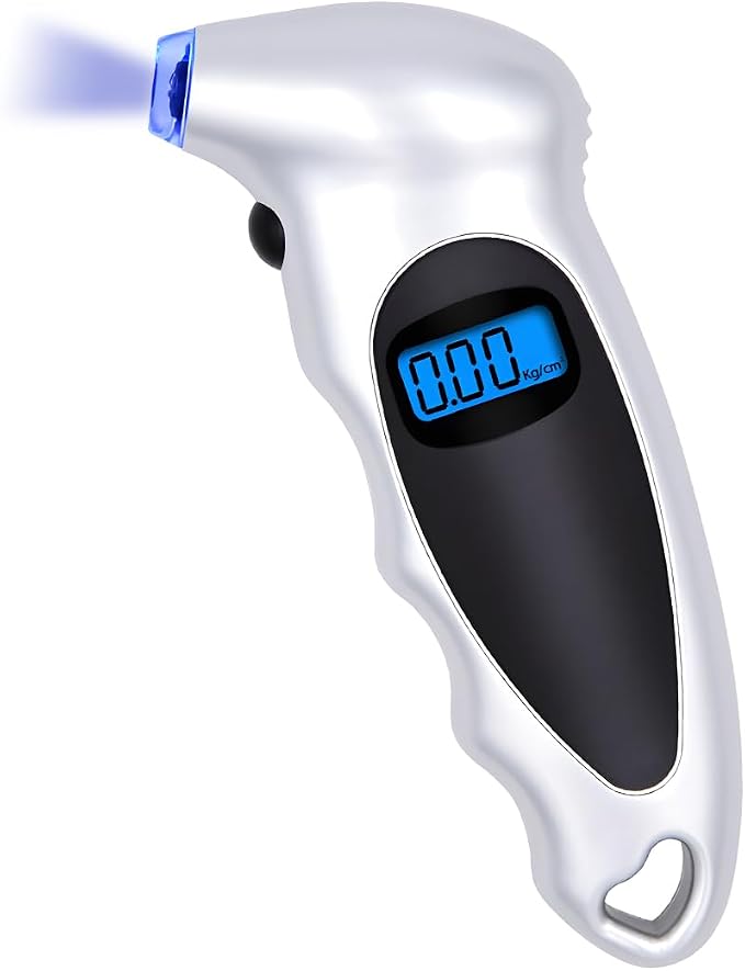 Digital Tire Pressure Gauge, 150PSI 4 Settings High Accuracy Tire Gauge with Backlit LCD and Non-Slip Grip, Easy to Read Air Pressure Gauge for Cars, Trucks and Bicycles (Silver)