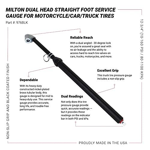 976BKL Dual Head Angled Chuck Tire Pressure Service Gauge, Non-Slip Grip Matte Black Poly Finish -13” 1-160 PSI For Large Vehicle Tires