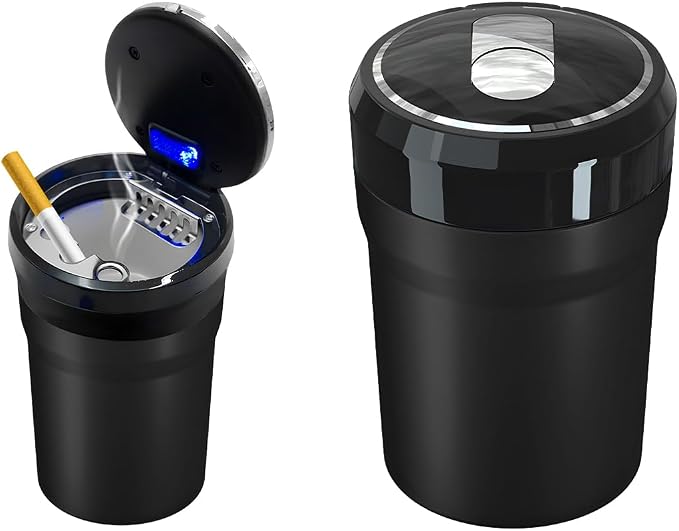 Car Ashtray with Lid, Easy Clean Up Detachable Smokeless Ashtray with LED Blue Light, Portable Mini Ash Tray Cup Holder for Car Home Office Travel, Interior Auto Accessories (Black, Larger)