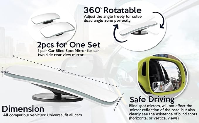 2-Piece Rectangle-Shaped Automobile Rear Blind Spot Mirror, 360 Rotating Design, Wide Angle Convex Rearview Mirror for Car, Truck, Van