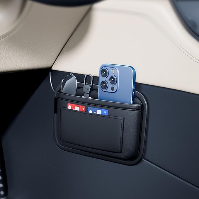 Car Storage Bag, Leather Small Debris Organizer,Hanging Cell Phone Mobile Paste Type Bag for Stowing Tidy, Universal Accessories（BlackA-1pcs）