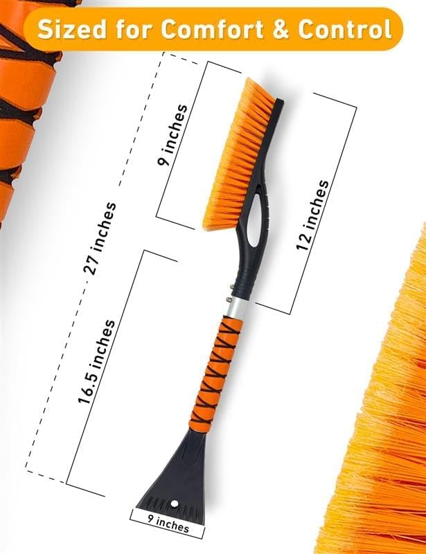 27" Aluminum Ice Scrapers for Car Windshield | Car Snow Scraper Window and Snow Brush with Ergonomic Foam Grip Winter Accessories (Orange)