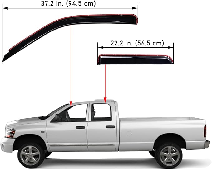 Extra Durable Clip-on in-Channel Auto Vent Window Visors, Fits 2002-2008 Dodge Ram 1500, 2003-2009 Ram 2500 & 3500, Quad Cab, UV-Protect Rain Guards, Original Wind Deflector, Smoke, 4-Pcs
