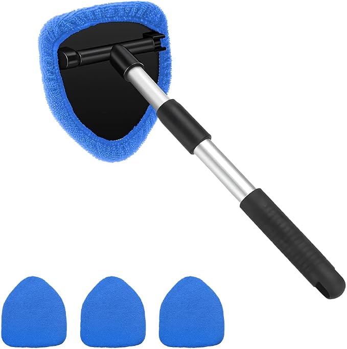 Car Windshield Cleaner Tool, Vehicle Window Detailing Cleaning Kit with Extendable Handle & 4 Washable Microfiber Pad, Auto Glass Wiper Cleaner for Exterior & Interior, Universal Fit (Blue)