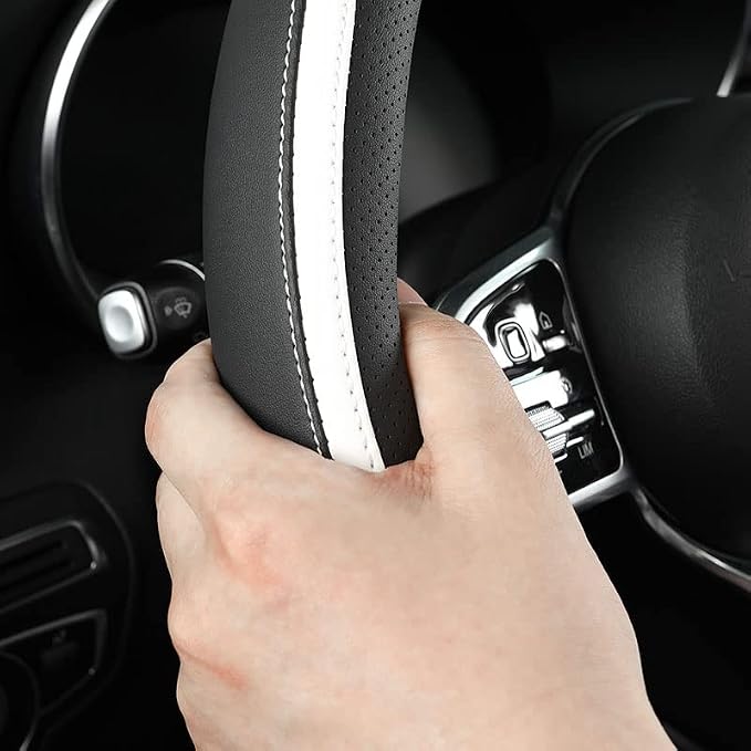 Car Steering Wheel Cover, Leather Steering Wheel Cover White Universal 14.5-15 Inch Microfiber Leather Anti-Slip Breathable Auto Steering Wheel Covers for Men Women(Black & White)