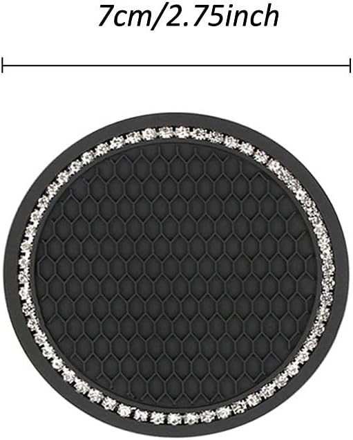 2 Pack Bling Car Cup Holder Insert Coasters, 2.75 Inch Soft Crystal Rhinestone Rubber Pad Set Round Auto Drink Coaster Car Interior Accessories (Black)
