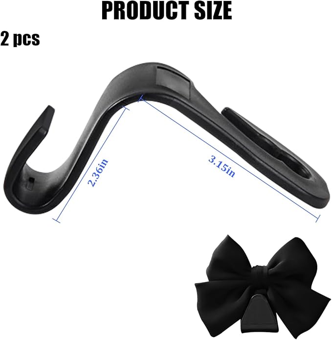 2PCS Car Seat Headrest Hook, Cute Bow Backseat Hanger Holder for Purse Bag Handbag Coat, Auto Interior Seat Back Grocery Storage Organizer Hook, Universal for Vehicles (Black)