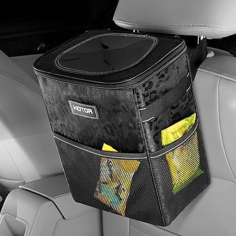 Car Trash Can with Lid and Storage Pockets - 100% Leak-Proof Organizer, Waterproof Garbage Can, Multipurpose Trash Bin for Car, 2 Gallons, Leopard-Print Black