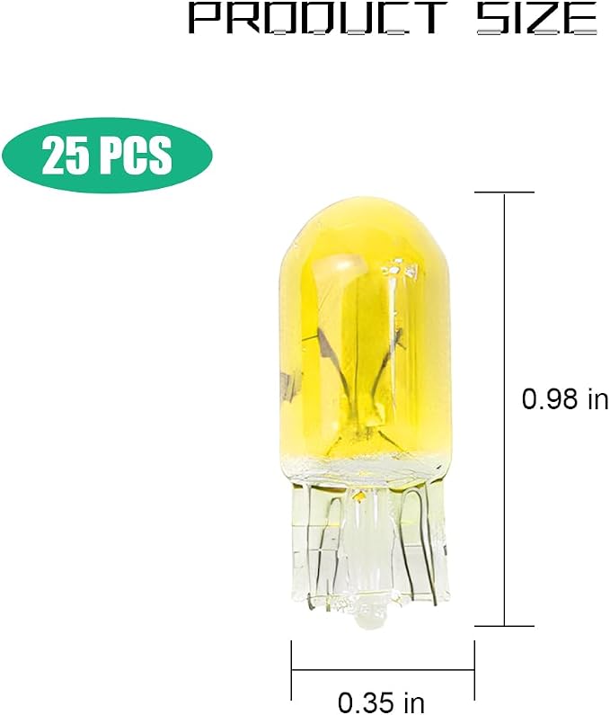 25PCS T10 12V 5W Car Turn Signal Light Bulbs, Clear Flat Foot Vehicle Side Marker Lamp Bulbs, Auto Interior Amber Headlight Bulbs Accessories, Universal for SUV, Sedan, Truck (Yellow)