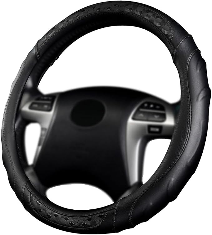 Faux Leather Heavy Duty Inner Ring car Steering Wheel Cover 14.5-15 inches (All Black)