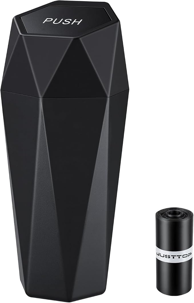 Car Trash Can with Lid, Diamond Design Small Automatic Portable Trash Can with 1 Trash Bag, Easy to Clean, Used in Car Home Office (Black)