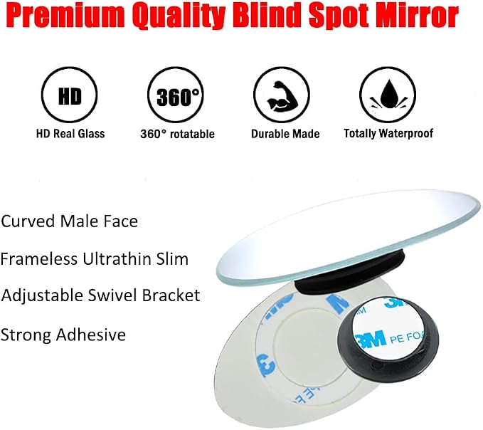 Oval Blind Spot Mirror, HD Glass Frameless Stick on Adjustabe Convex Wide Angle Rear View Blind Spot Car Mirror for Car Blind Spot, Pack of 2