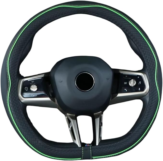 Flat Bottom Steering Wheel Cover Anti-Slip,Safety,Soft,Breathable,Durable,Full Surround,Comfortable Grip Microfiber Leather (D Shape, Green)