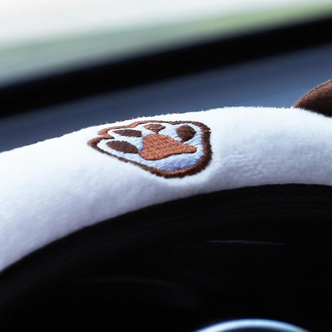 Car Steering Wheel Cover, Fluffy Soft Plush for Winter Warm, Cute Steering Wheel Protector with Kitty Cat Ears, Universal 15 Inch, Elastic & Anti-Slip, Lovely Decor Car Accessories (Coffee)