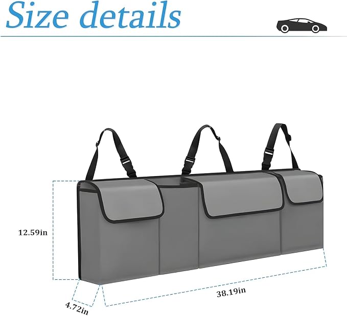 Car Trunk Organizer, Backseat Hanging Large Storage with Adjustable Straps, Waterproof Collapsible Cargo Bag with 4 Pockets, Sturdy Space Saver Frees Trunk Floor for SUV, Truck, MPV