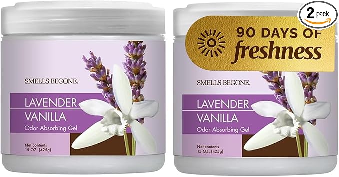 15oz Gel Odor Eliminator - Absorb & Remove Tough Odors in Pet Areas, Bathrooms, Basements, Garage, Cars, RVs & Boats - Eliminate Odors Quickly (2-Pack, Lavender Vanilla)