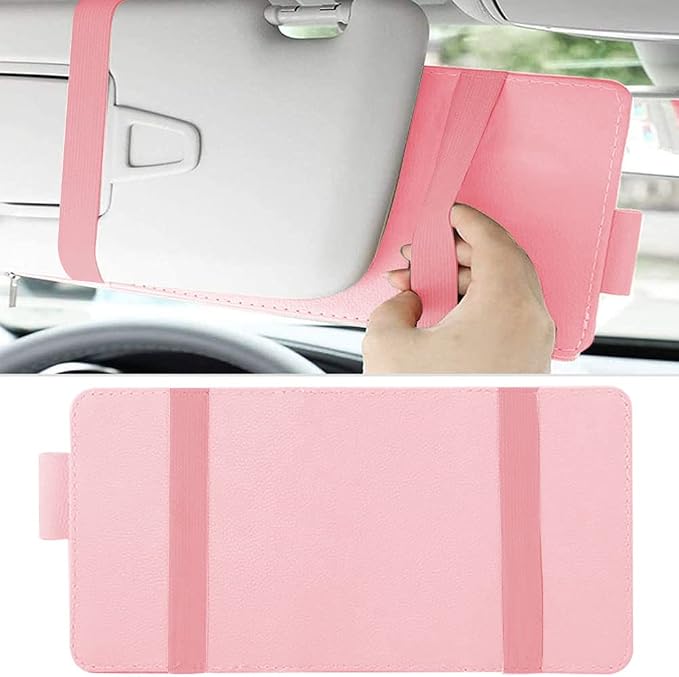 1 Pack Car Sun Visor Organizer, Sunglasses Holder for Car Sun Visor, Auto Interior Accessories Pocket Organizers Can Store for Sunglasses, Documents, Cards, Pen, Drivers License (Pink)