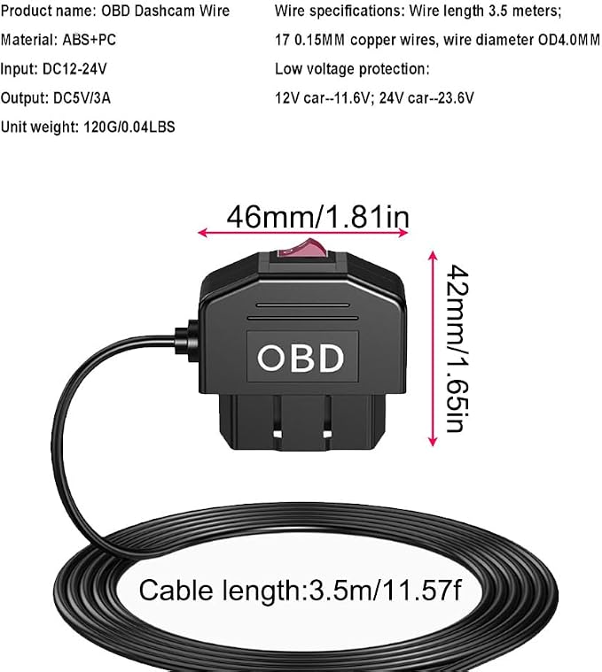 Dash Cam OBD Hardwire Kit, Mini USB Hardwire Kit with OBD Power Cable for Dashcam 12-24V to 5V/3A with Low Voltage Protection 24h Parking Surveillance/Acc Mode for Dashcam, GPS or Radar