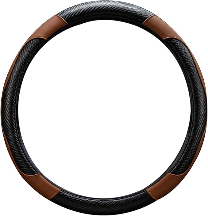 Car Steering Wheel Cover, 15 inch Carbon Fiber Microfiber Anti-Slip Breathable PU Leather Elastic Steering Wheel Protector, Car Interior Accessories for Most Cars (Brown)