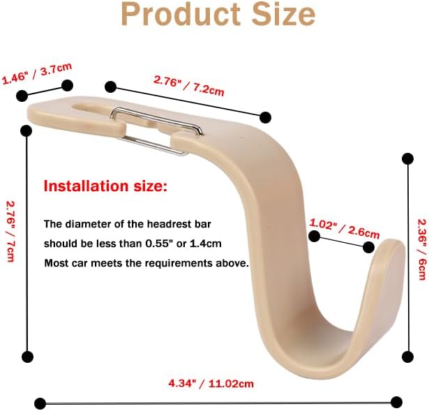 4-Pack 360° Rotating Car Headrest Hooks Vehicle Storage Organizer for Purses Handbags Groceries Coats – Holds 55lbs Simple Design with Clip Beige