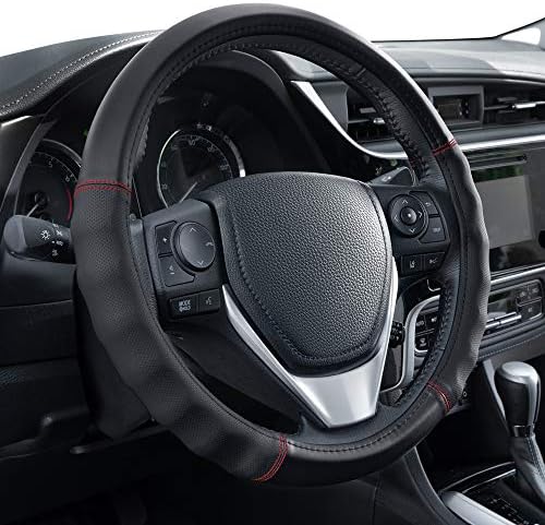 Faux Leather Steering Wheel Cover, Standard 15 inch Size, Comfort Grip Design, Solid Black Car Steering Wheel Cover for Truck Van SUV Auto