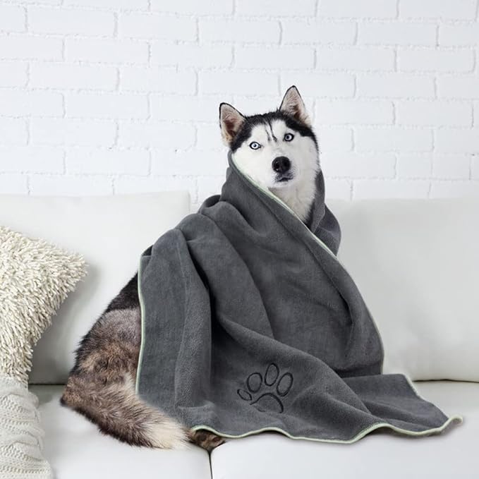 Dog Towel Super Absorbent Microfiber Dog Drying Towel Soft Pet Bath Towel for All Dogs and Cats with Embroidered Paw Print 30inch x 50inch Gray
