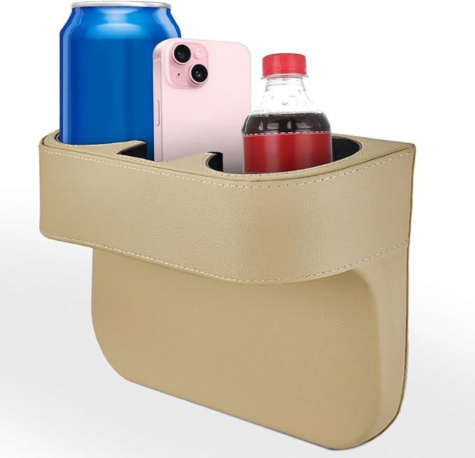 Car Cup Holder, PU Leather Cover Auto Front Seat Organizer, Beige | Multifunctional Cup Drink Holder, Gap Filler Coin Bucket Storage Box, Console Side Pocket, Cell Mobile Phone Holder