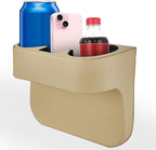 Car Cup Holder, PU Leather Cover Auto Front Seat Organizer, Beige | Multifunctional Cup Drink Holder, Gap Filler Coin Bucket Storage Box, Console Side Pocket, Cell Mobile Phone Holder