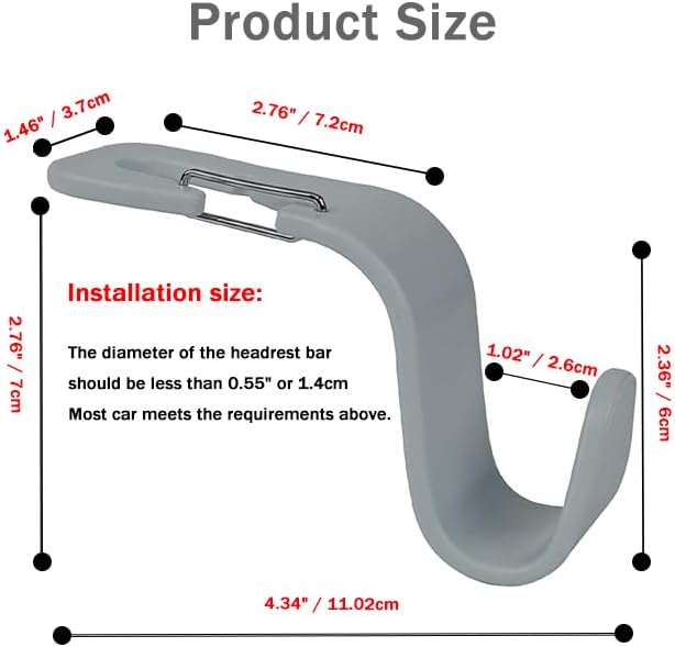 4-Pack 360° Rotating Car Seat Headrest Hook 4 Pack Hanger Universal Vehicle Car Storage Organizer for Handbag Purse Coat with Clip Gray