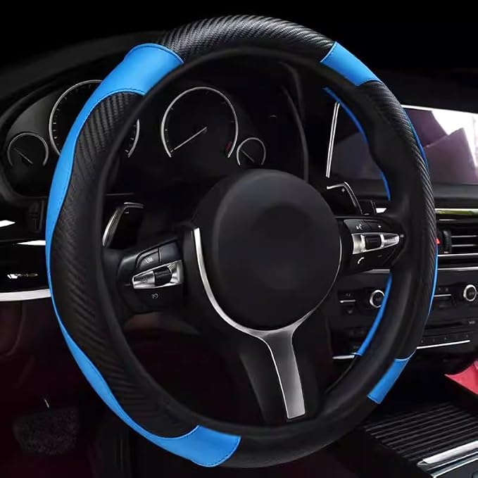 Ultra Fine Carbon Fiber Leather Steering Wheel Cover, Anti Slip and Sun Protective Protect The Steering Wheel, Easy to Install,Universal of 14.5"-15" (Blue)