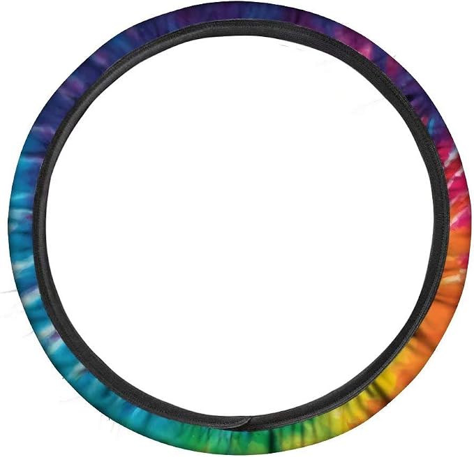 Tie Dye Car Steering Wheel Covers Breathable Sweat Absorption Comfort Grip Stretch-on Fabric Steering Wheel Protector Non-Slip Machine Washable Rainbow Colored