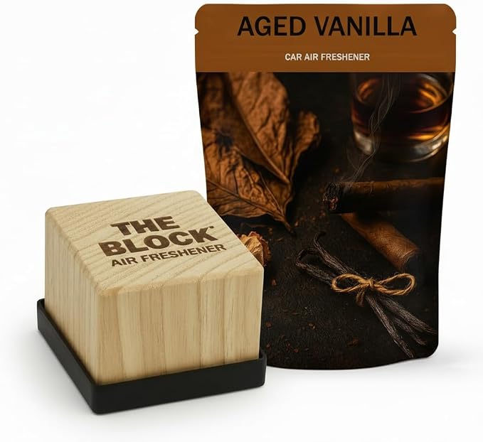 The Block - Wooden Car Air Freshener & Odor Eliminator - Long Lasting 30+ Day Scent - Car & Home Use - Fresh Gift Idea - Made in USA - Aged Vanilla