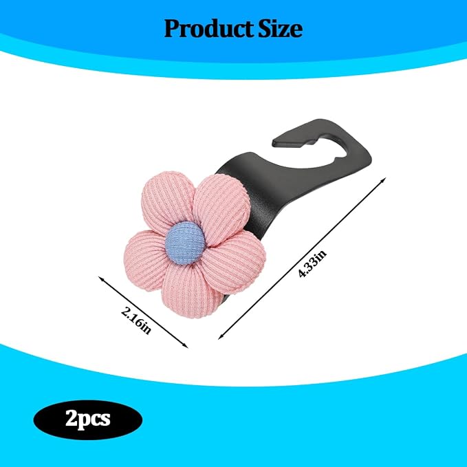 2PCS Car Seat Headrest Hook, Cute Flower Vehicle Backseat Purse Handbag Storage Hanger, Floral Auto Seat Back Holder Hook for Coat Umbrella Grocery, Universal for Vehicles (Pink)