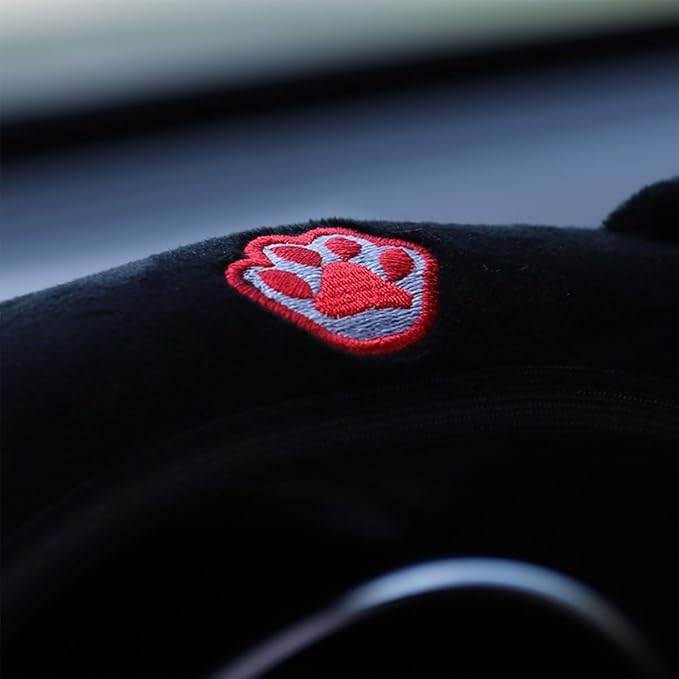 Car Steering Wheel Cover, Fluffy Soft Plush for Winter Warm, Cute Steering Wheel Protector with Kitty Cat Ears, Universal 15 Inch, Elastic & Anti-Slip, Lovely Decor Car Accessories (Black/Red)