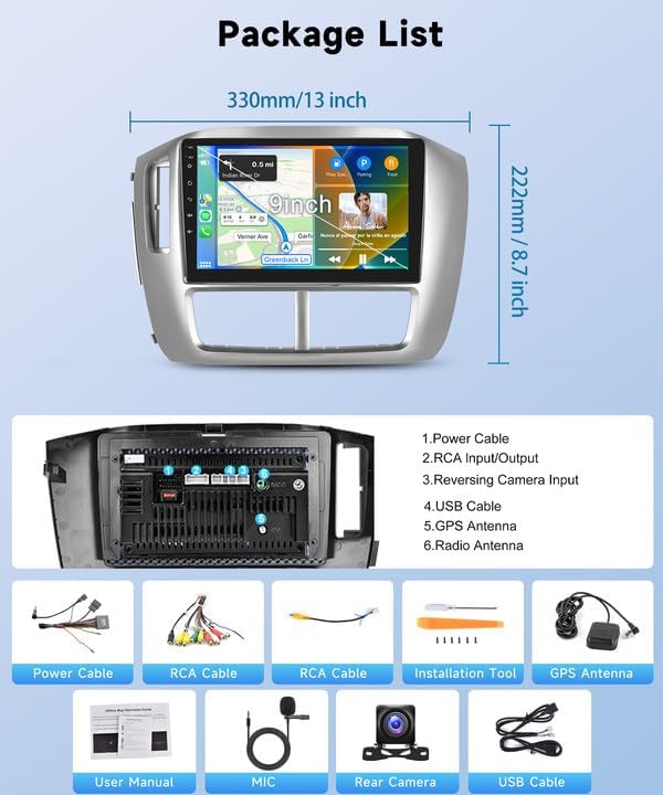 Car Stereo for Honda Pilot 2006 2007 2008[8Core 6+128G]Wireless Carplay Android Auto,9 inch IPS Touch Screen Radio, Android13/GPS/WiFi/32EQ DSP/59UI/Bluetooth5.0/SWC/Backup Camera&Mic for Pilot Radio