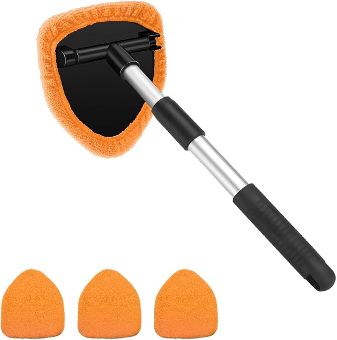 Car Windshield Cleaner Tool, Vehicle Window Detailing Cleaning Kit with Extendable Handle & 4 Washable Microfiber Pad, Auto Glass Wiper Cleaner for Exterior & Interior, Universal Fit (Orange)