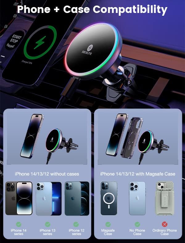 for Magsafe Car Mount Charger-Wireless Car Charger-Magnetic Car Phone Holder for Dash Air Vent-LED RGB HandsFree Car Mount Fast Car Charger for iPhone 16 15/14/13/12 Series with QC 3.0 Adapter