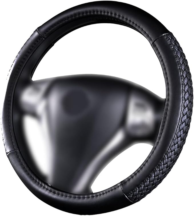 car Steering Wheel Cover Faux Leather Massage Universal fit 3D Honeycomb Hole Anti-Slip Sporty 15 Inches (Sliod Black Woven)