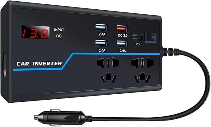 200W Car Power Converter, DC 12V to AC 110V Car Inverter, Car Outlet Adapter with PD 30W(PD3.0)/QC 30W(QC3.0) Fast Charging Ports, Car Plug Converter with On/Off Switch and Current LCD Screen