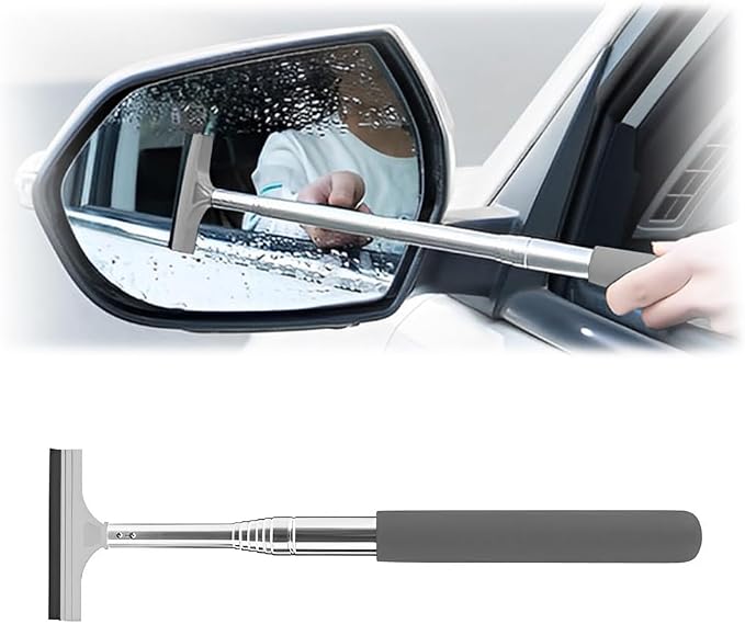 Car Rearview Mirror Wiper, Retractable Auto Glass Squeegee, Water Cleaner with Telescopic Long Rod, Portable Cleaning Tool for All Vehicles, Universal Automotive Accessories (Grey)