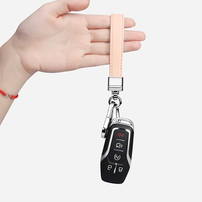 Genuine Leather Car Keychain,Universal Heavy Duty Metal Key Chain Accessories,Car Fob Key Keychain Holder with 360 Degree Rotatable Snap Swivel and Anti-Lost D-Ring for Men Women（Pink）