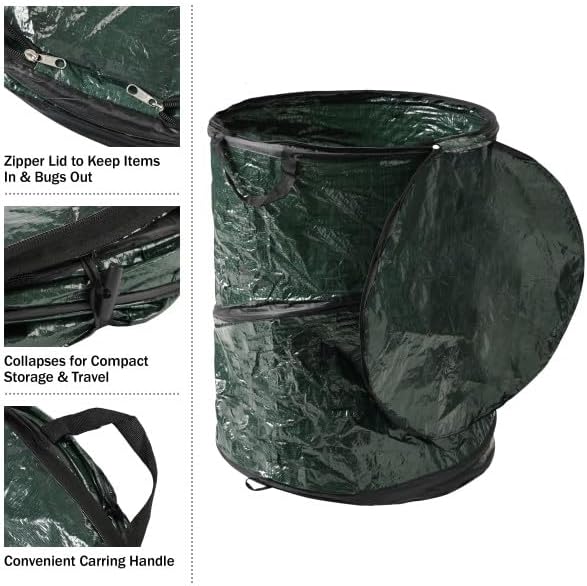 Collapsible Trash Can - Pop Up 44-Gallon Outdoor Portable Garbage Bag Holder with Zippered Lid - Recycle Bin for Camping or Parties by (Green)